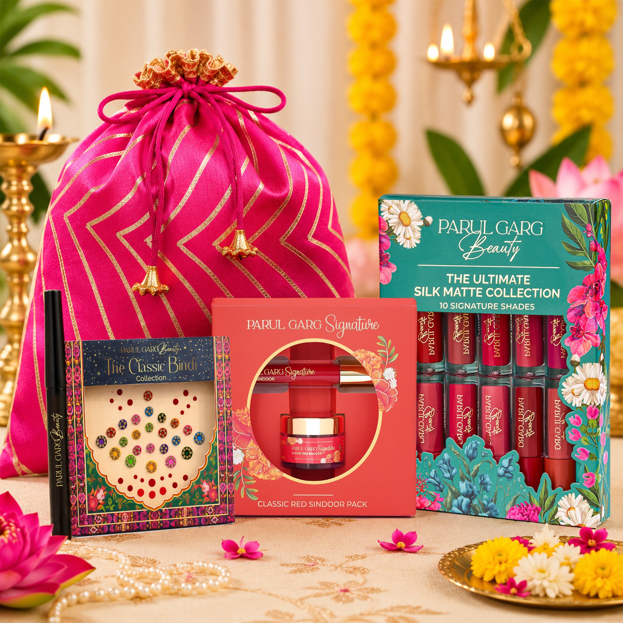 Varalakshmi Celebration Gift Pack | 10-in-1 Bestselling Lip Collection, Kajal, Sindoor, Utsav Bindi Card & Traditional Pink Potli