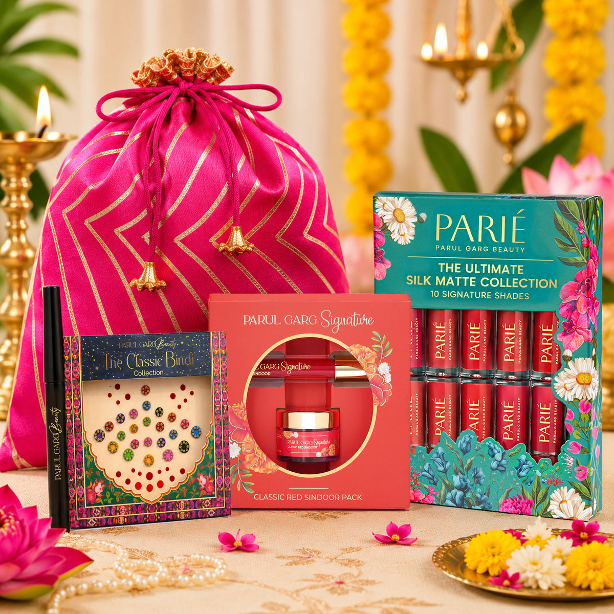 The Timeless Traditions Gift Pack | 10-in-1 Lip Collection, Kajal, Sindoor, Utsav Bindi Card & Traditional Potli