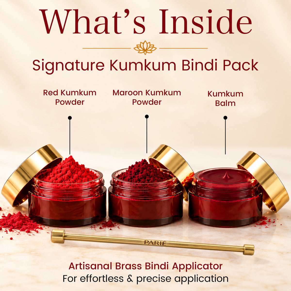 Signature Kum Kum Bindi Pack | Red & Maroon Kum Kum, Natural Ghee Balm & 100% Brass Applicator