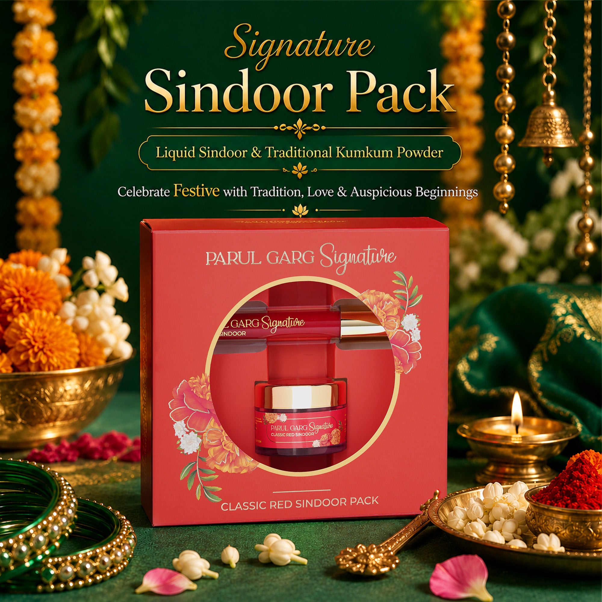 The Shringaar Celebration Pack | 10-in-1 Bestselling Lip Collection, Kajal, Sindoor, Utsav Bindi Card & Traditional Green Potli