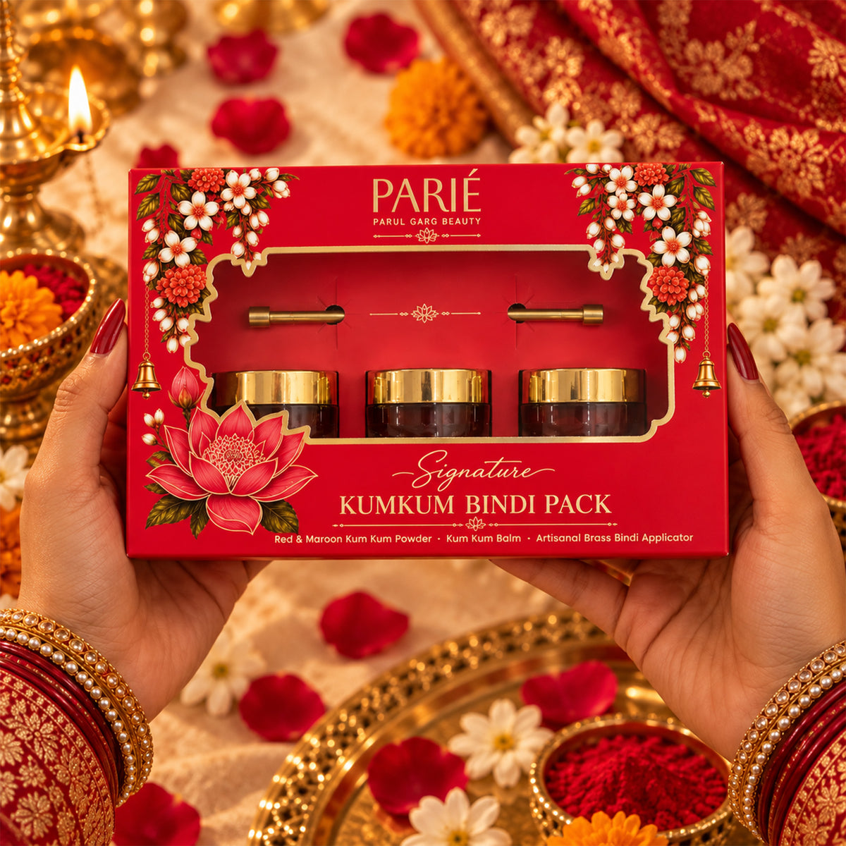 Signature Kum Kum Bindi Pack | Red & Maroon Kum Kum, Natural Ghee Balm & 100% Brass Applicator