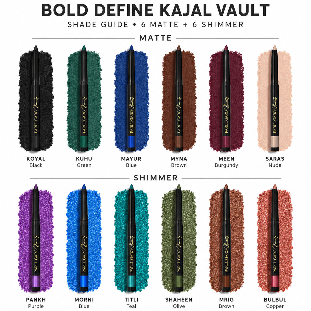 Bold Define Kajal Vault | 12 Shades: 6 Matte + 6 Shimmer | Pack of 12