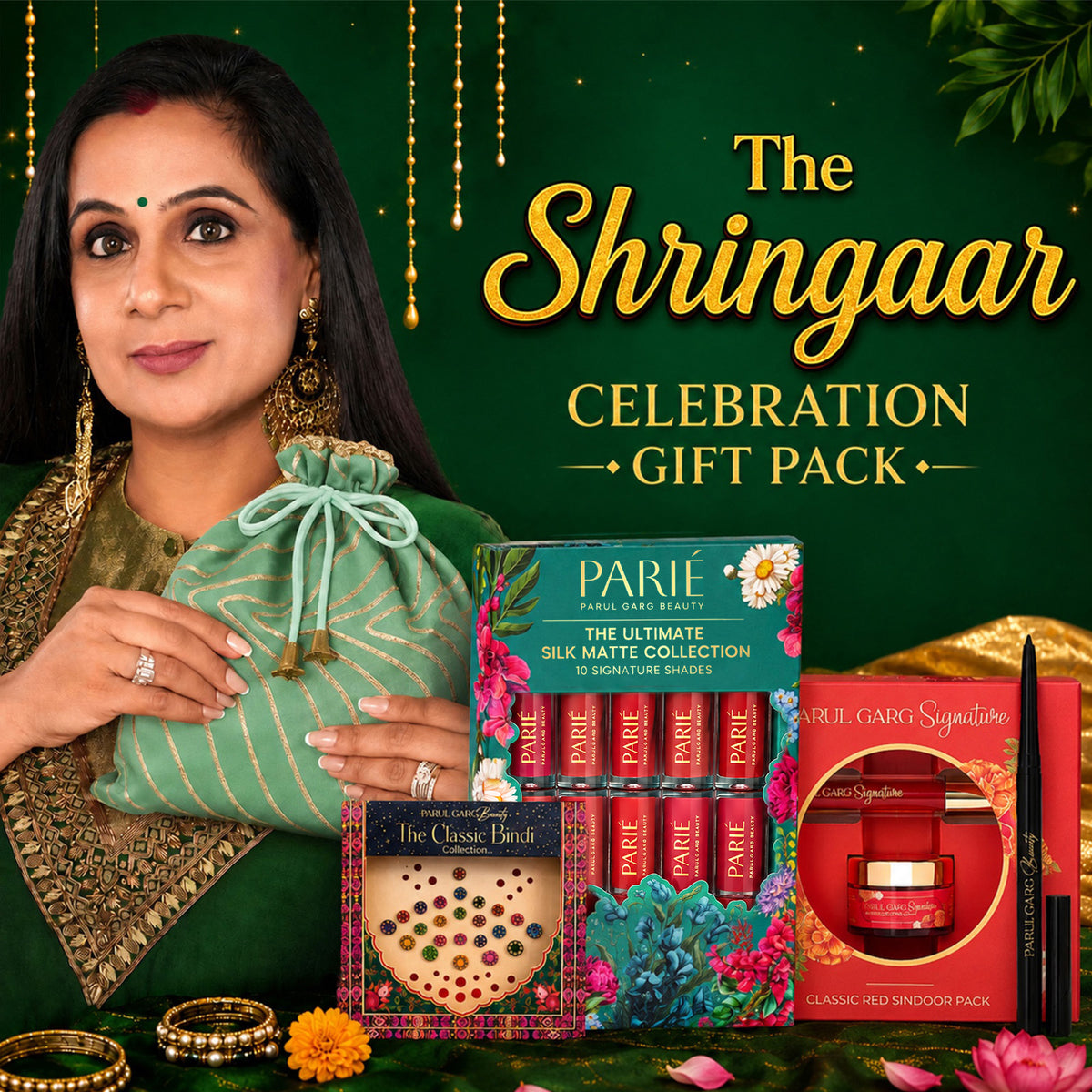 The Shringaar Celebration Pack | 10-in-1 Bestselling Lip Collection, Kajal, Sindoor, Utsav Bindi Card & Traditional Green Potli