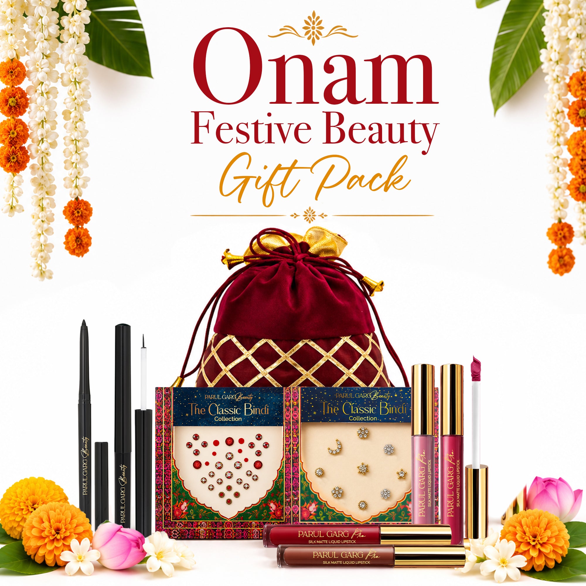 Onam Festive Beauty Gift Pack | 4 Bestselling Silk Matte Lip Shades – Red, Pink, Brown & Nude, Black Kajal & Eyeliner, Suhaag Bindi, Nose Bindi & Traditional Maroon Potli