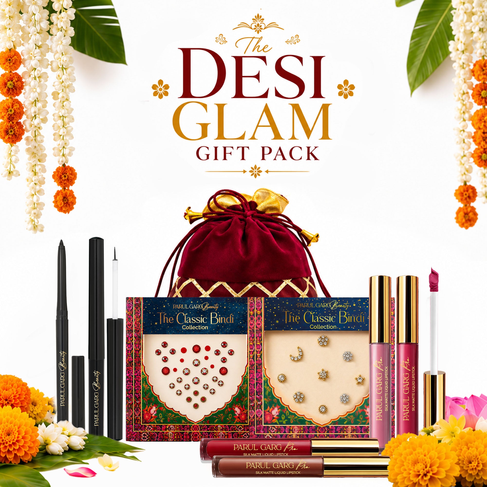 The Desi Glam Gift Pack | 4 Bestselling Lip, Black Kajal & Eyeliner, Suhaag & Nose Bindi