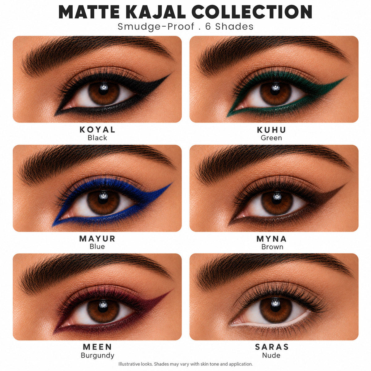 Bold Define Complete Matte Kajal Collection | 6 Versatile Shades | Pack of 6