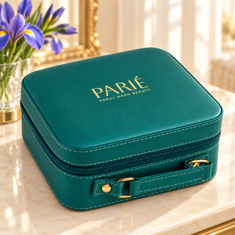PARIÉ Signature Vanity Case | Makeup Organiser with Built-In Mirror & Carry Handle | Signature Teal Colour