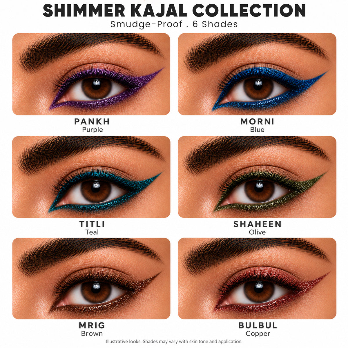 Bold Define Luxe Shimmer Kajal Collection | 6 Jewel-Toned Shades | Pack of 6