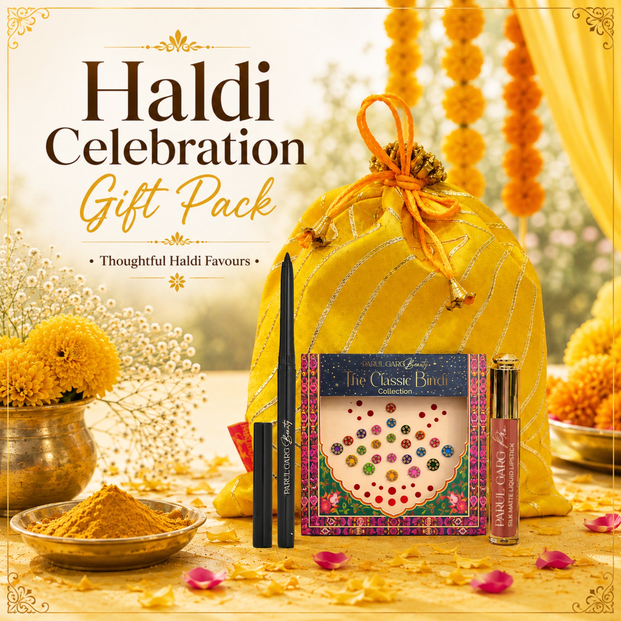PARUL GARG Beauty Haldi Celebration Return Gift Pack with Basanti Yellow Potli, Fire Lily lipstick, Koyal kajal and Utsav bindi card