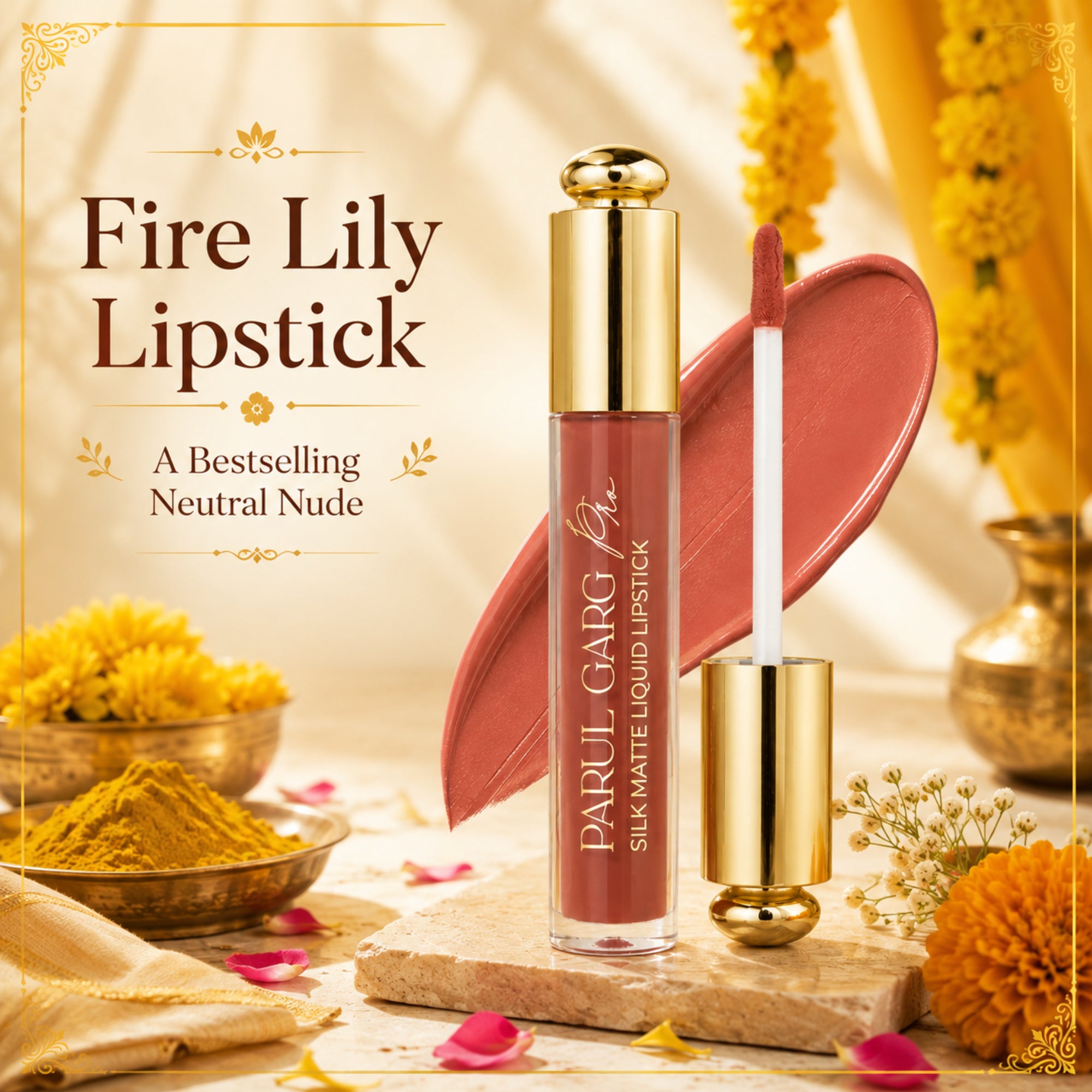 Fire Lily Silk Matte Liquid Lipstick, a bestselling neutral nude shade, with swatch