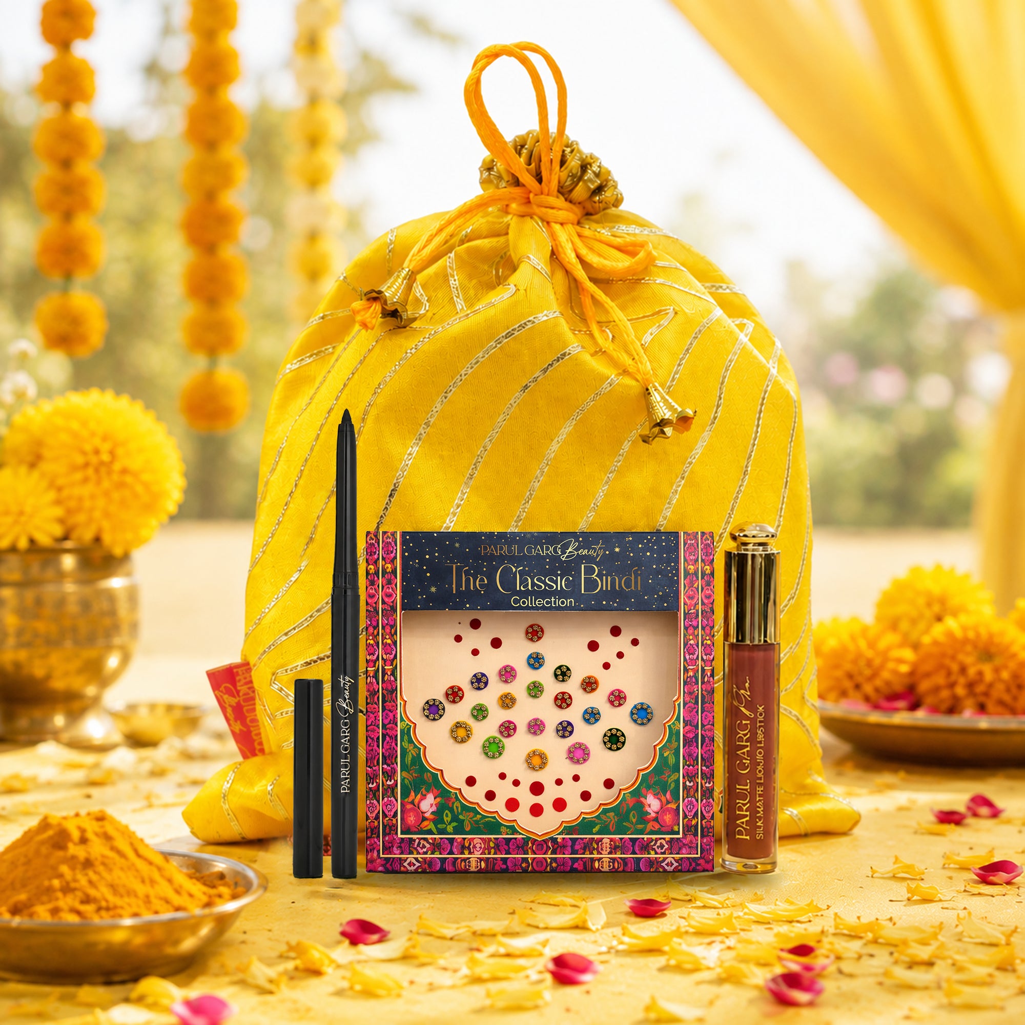 Full Haldi Celebration Return Gift Pack contents arranged with the yellow potli