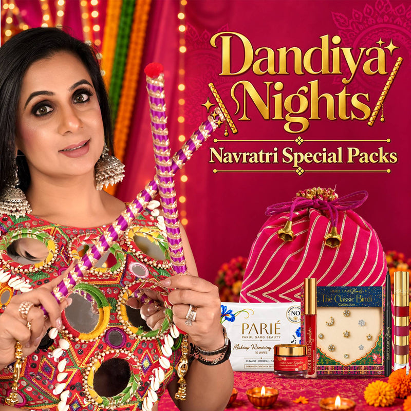 Dandiya Nights Gift Pack | 4-in-1 Lip Stack, Black Kajal, Sindoor, Nose Bindi & Makeup Wipes with Hot Pink Potli | Special Price ₹999