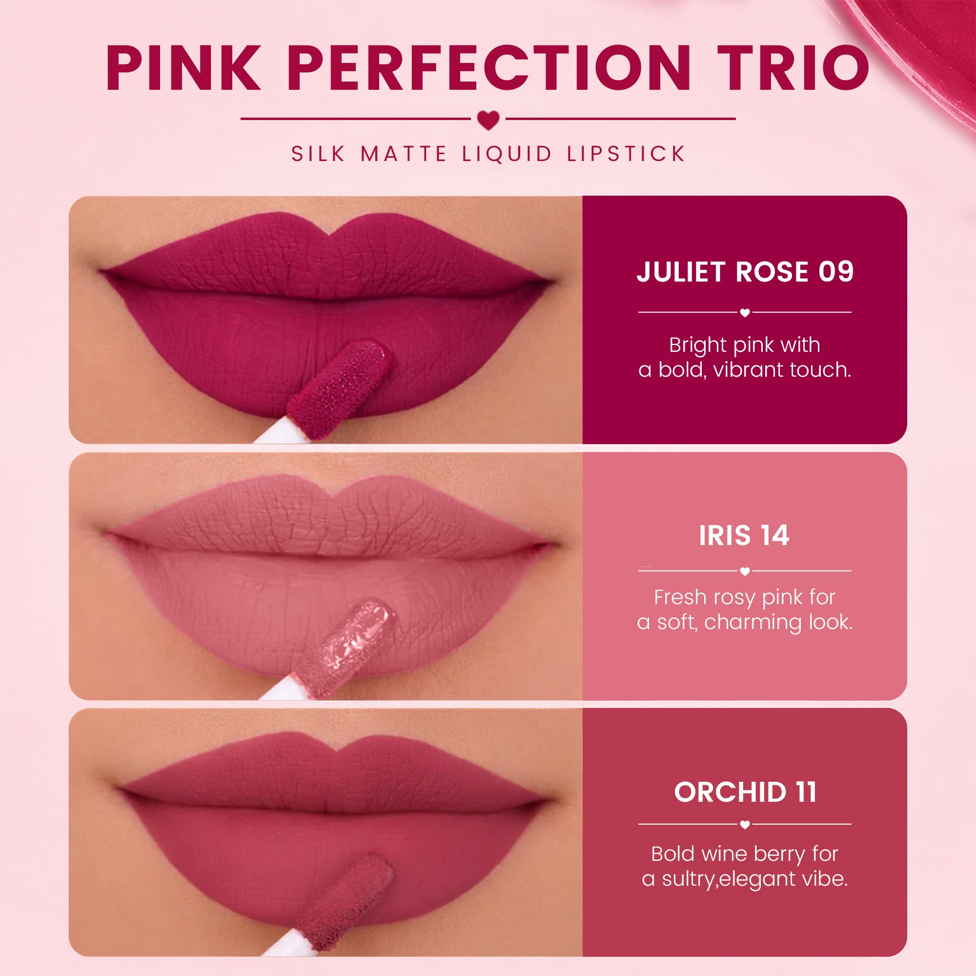 Pink Perfection Trio | 3 Full-Size Silk Matte Liquid Lipsticks | Long-Lasting & No Transfer