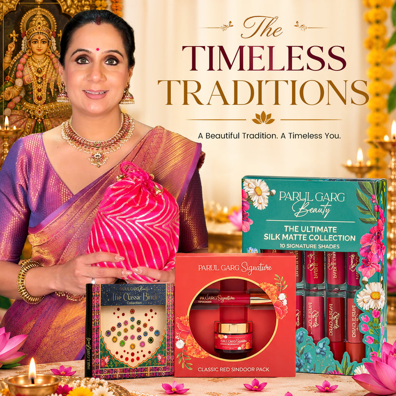 The Timeless Traditions Gift Pack | 10-in-1 Lip Collection, Kajal, Sindoor, Utsav Bindi Card & Traditional Potli