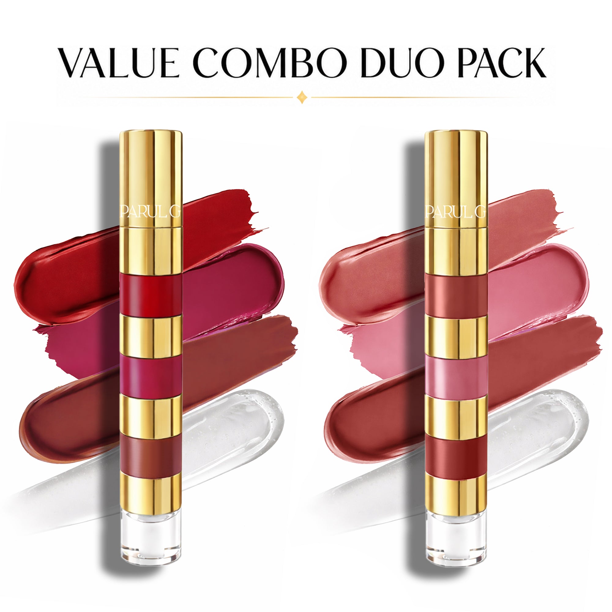 GLOSSMATTE 4-in-1 Lip Stack Duo | Nude-to-Bold Lip Shades | 6 Matte Lipsticks & 2 Gloss Toppers
