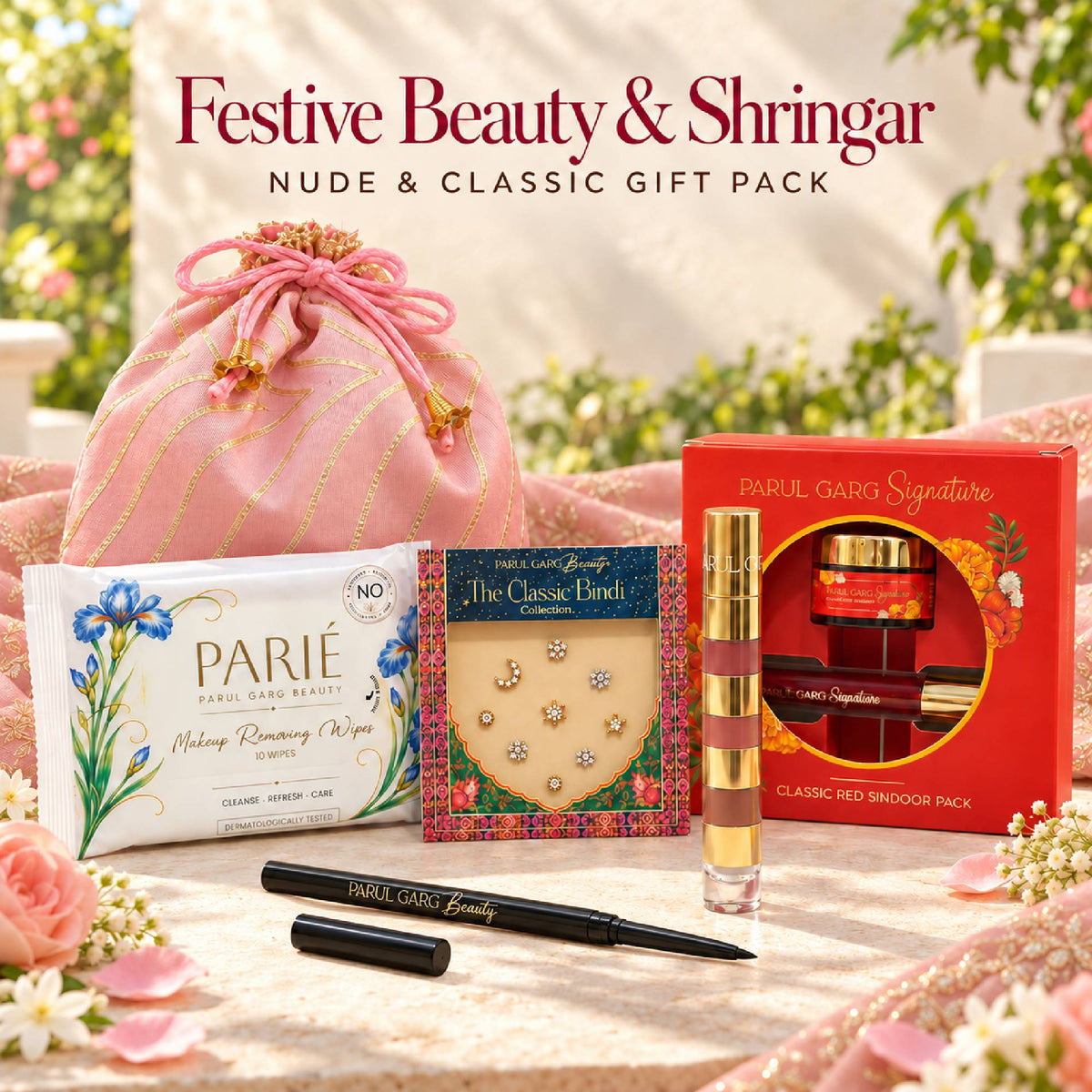 Karva Chauth Shringar Gift Pack – Nude & Classic | 4-in-1 Lip Stack, Black Kajal, Sindoor, Nose Bindi & Makeup Wipes with Soft Pink Potli | Special Price
