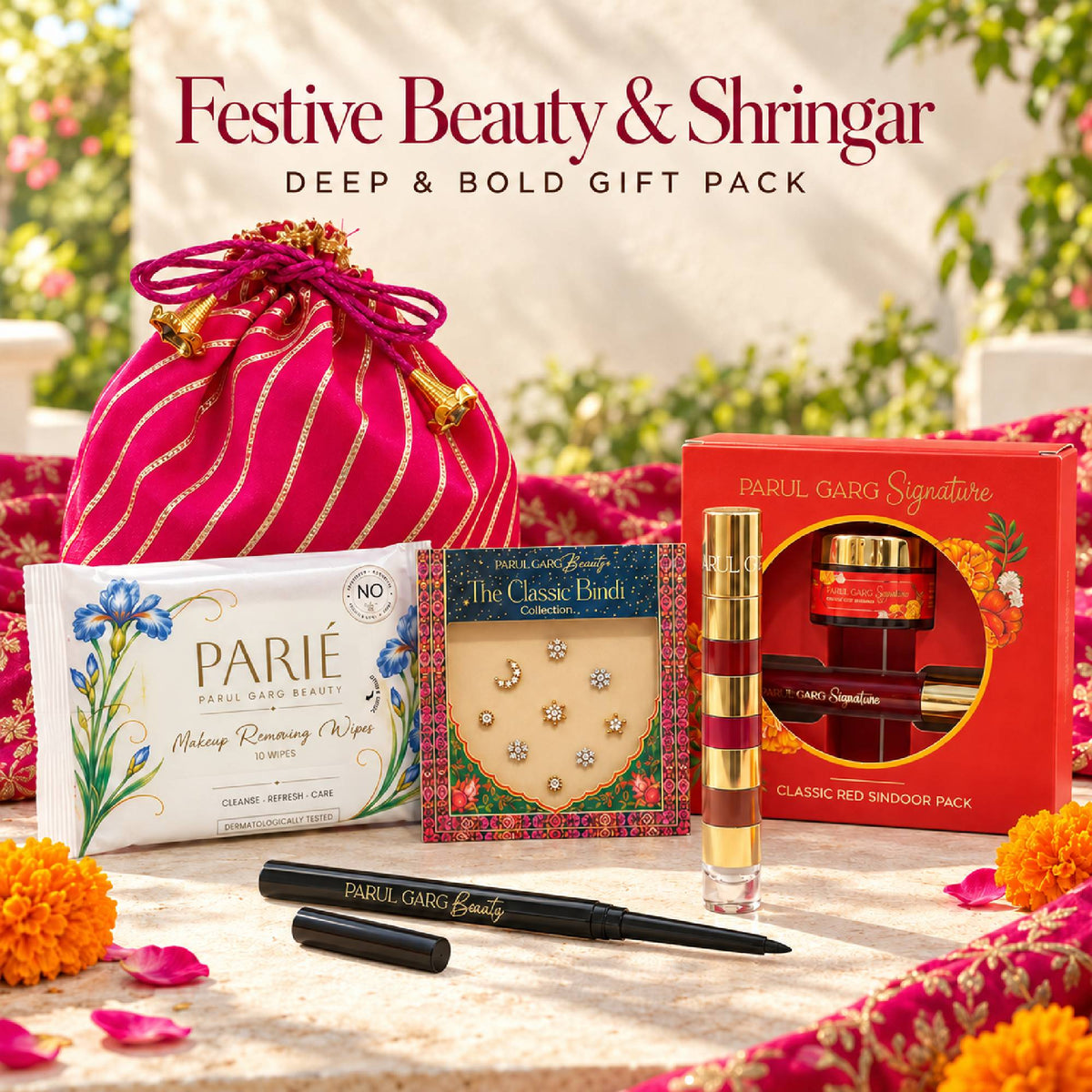 Karva Chauth Shringar Gift Pack – Deep & Bold | 4-in-1 Lip Stack, Black Kajal, Sindoor, Nose Bindi & Makeup Wipes with Hot Pink Potli | Special Price