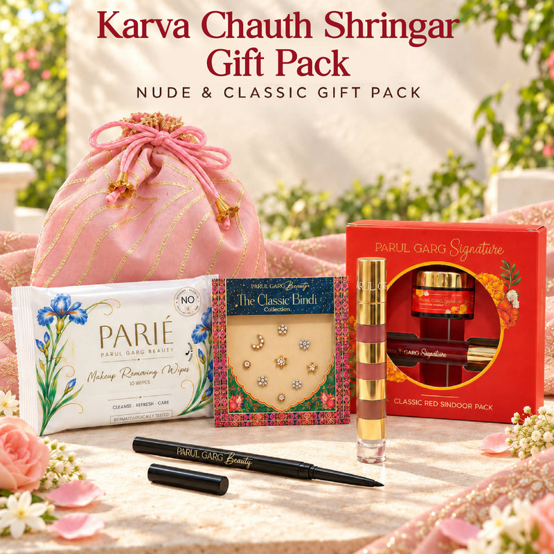 Karva Chauth Shringar Gift Pack – Nude & Classic | 4-in-1 Lip Stack, Black Kajal, Sindoor, Nose Bindi & Makeup Wipes with Soft Pink Potli | Special Price