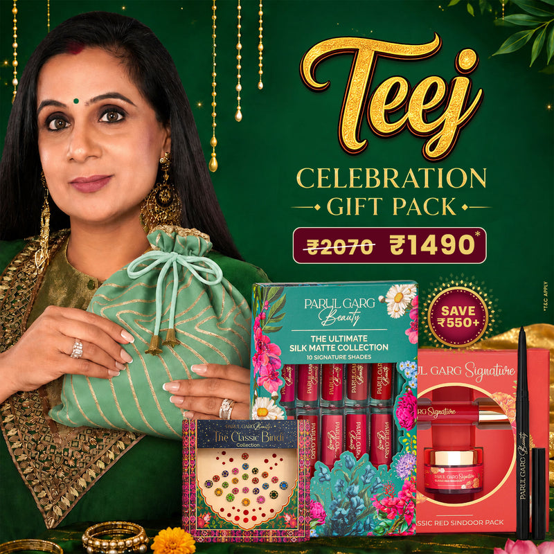 Teej Celebration Pack | 10-in-1 Bestselling Lip Collection, Kajal, Sindoor, Utsav Bindi Card & Traditional Green Potli