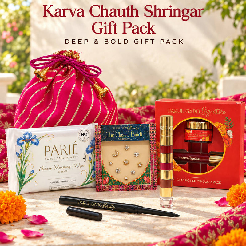 Karva Chauth Shringar Gift Pack – Deep & Bold | 4-in-1 Lip Stack, Black Kajal, Sindoor, Nose Bindi & Makeup Wipes with Hot Pink Potli | Special Price
