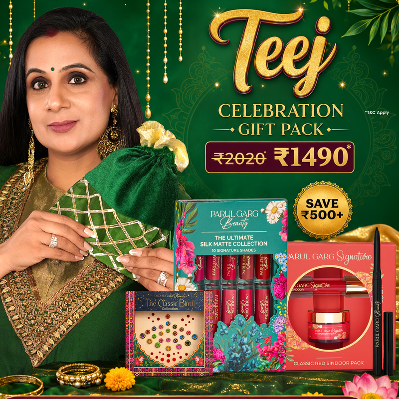 Teej Celebration Pack | 10-in-1 Bestselling Lip Collection, Kajal, Sindoor, Utsav Bindi Card & Traditional Green Potli