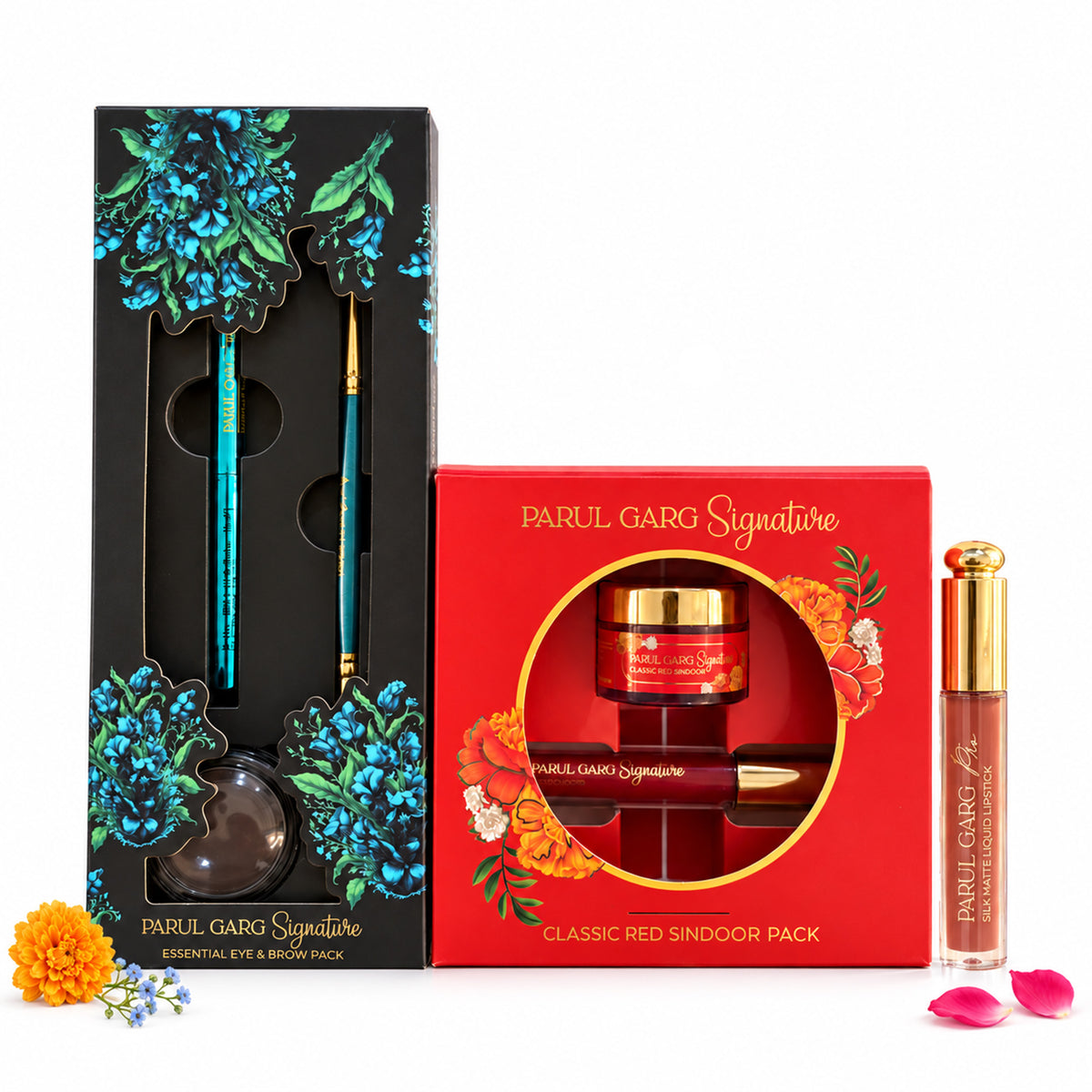 Soft Festive Glam Trio | Brown 3-in-1 Eye Pack, Sindoor & Fire Lily Matte Liquid Lipstick | Special Price