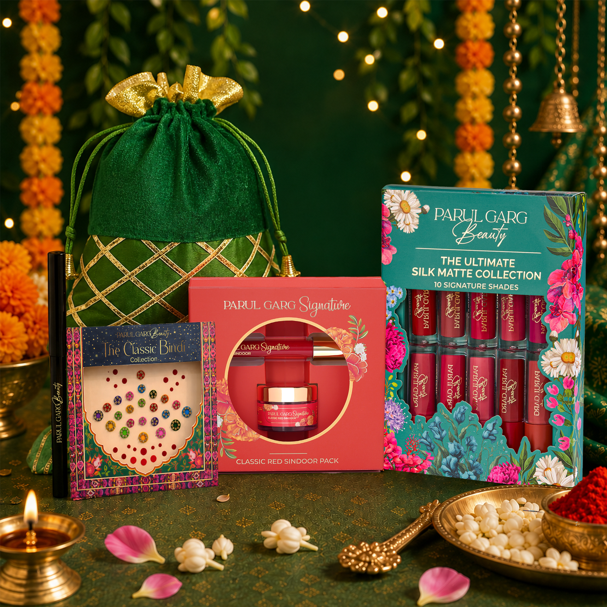 Teej Celebration Pack | 10-in-1 Bestselling Lip Collection, Kajal, Sindoor, Utsav Bindi Card & Traditional Green Potli
