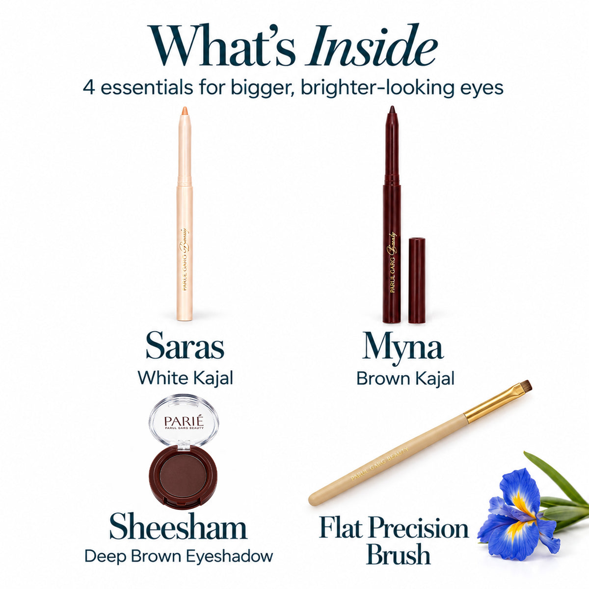 Bigger, Brighter Eyes Kit | White Kajal, Brown Kajal, Deep Brown Eyeshadow & Flat Precision Brush