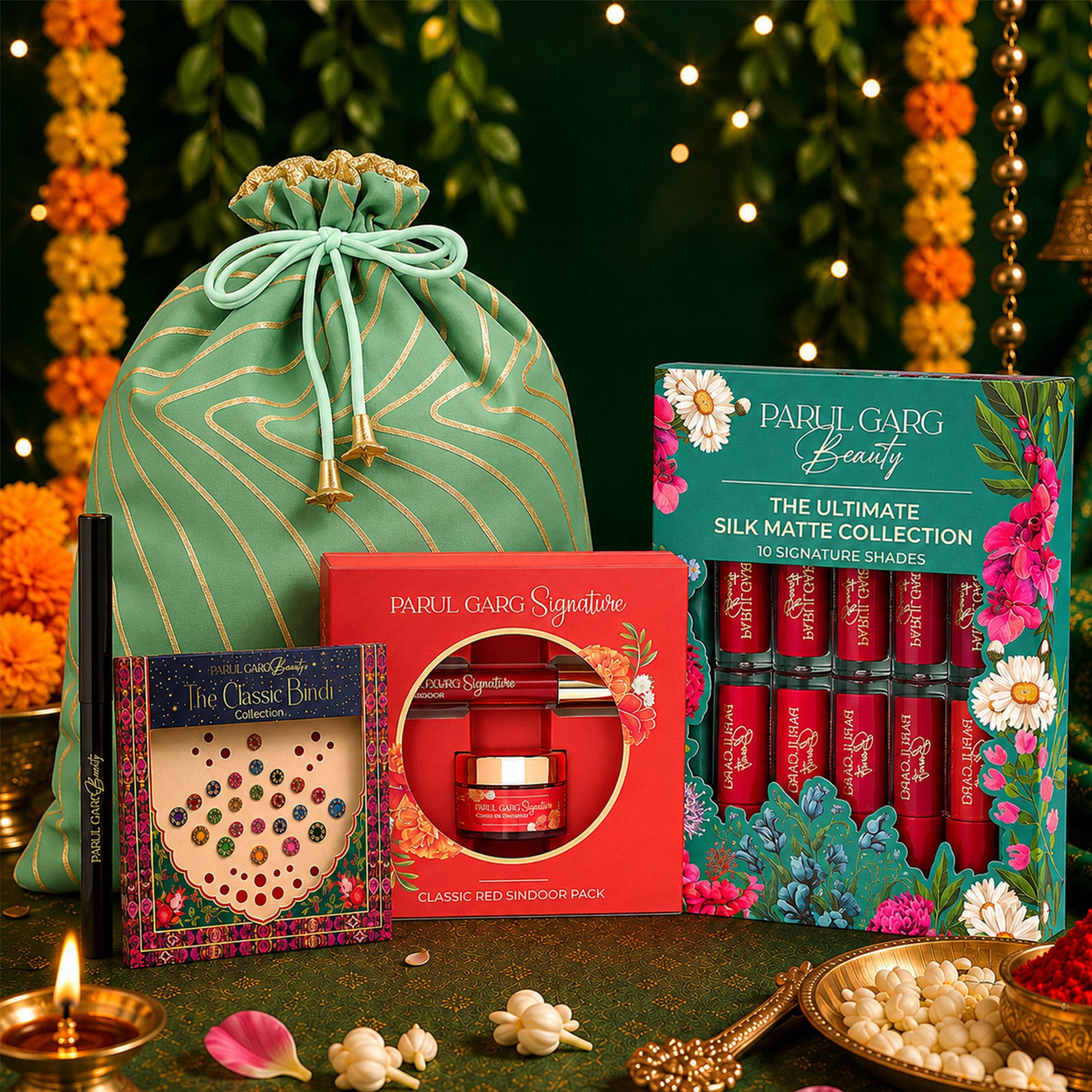 The Shringaar Celebration Pack | 10-in-1 Bestselling Lip Collection, Kajal, Sindoor, Utsav Bindi Card & Traditional Green Potli