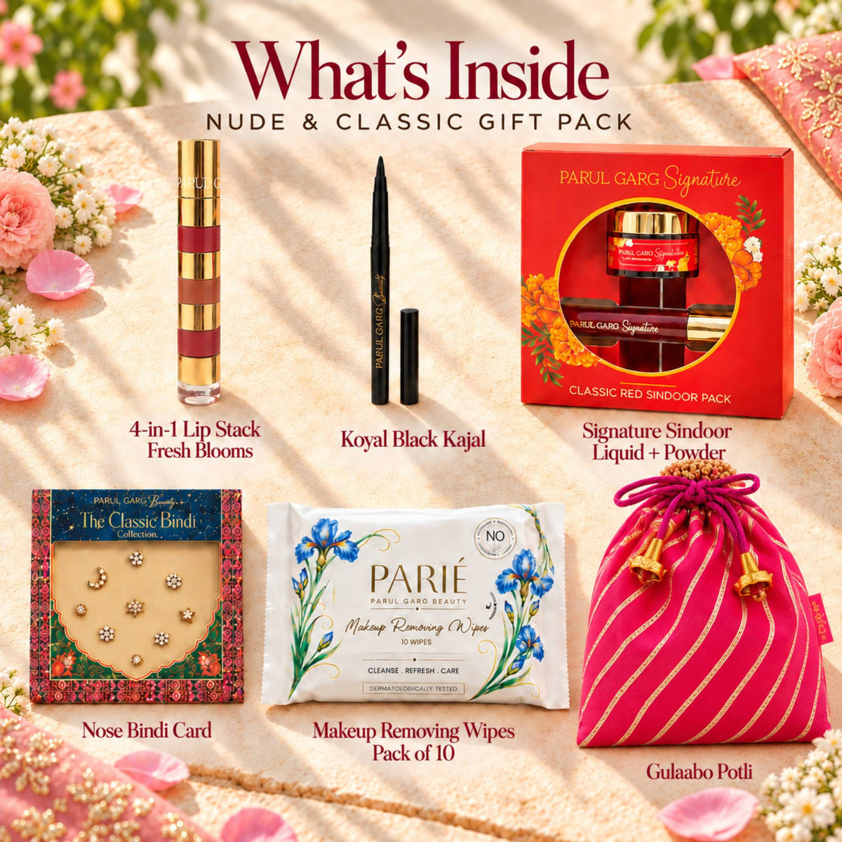Karva Chauth Shringar Gift Pack – Deep & Bold | 4-in-1 Lip Stack, Black Kajal, Sindoor, Nose Bindi & Makeup Wipes with Hot Pink Potli | Special Price