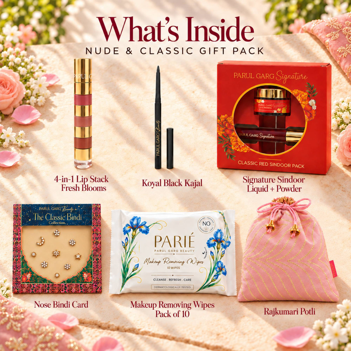 Karva Chauth Shringar Gift Pack – Nude & Classic | 4-in-1 Lip Stack, Black Kajal, Sindoor, Nose Bindi & Makeup Wipes with Soft Pink Potli | Special Price