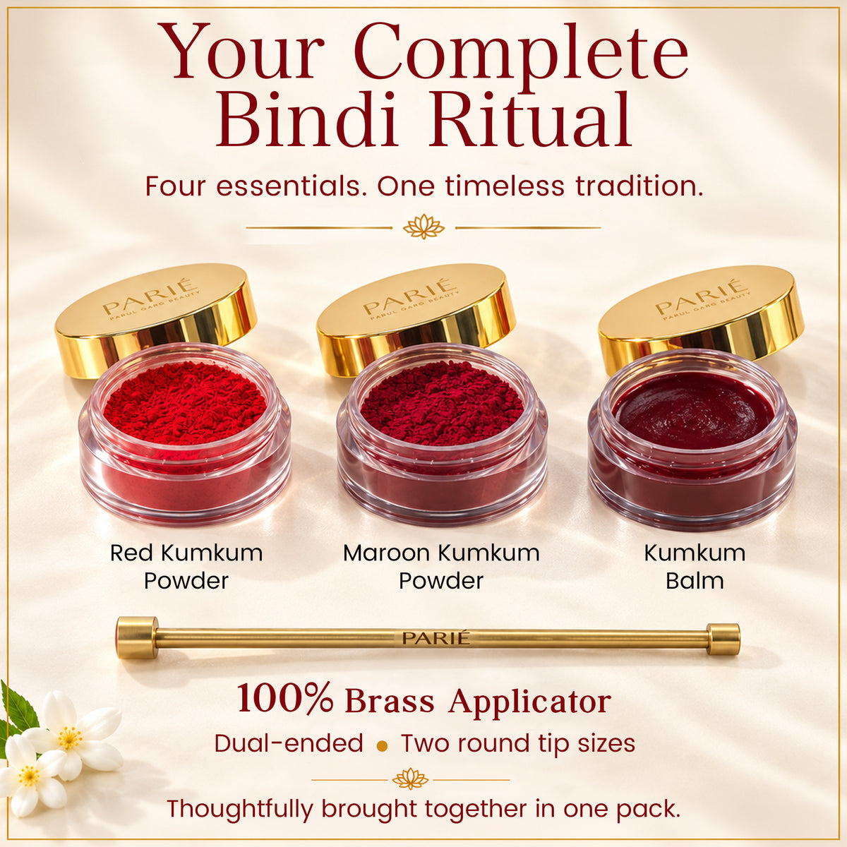 Signature Kum Kum Bindi Pack | Red & Maroon Kum Kum, Natural Ghee Balm & 100% Brass Applicator