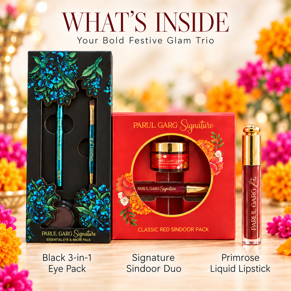 Bold Festive Glam Trio | Black 3-in-1 Eye Pack, Sindoor & Primrose Matte Liquid Lipstick | Special Price
