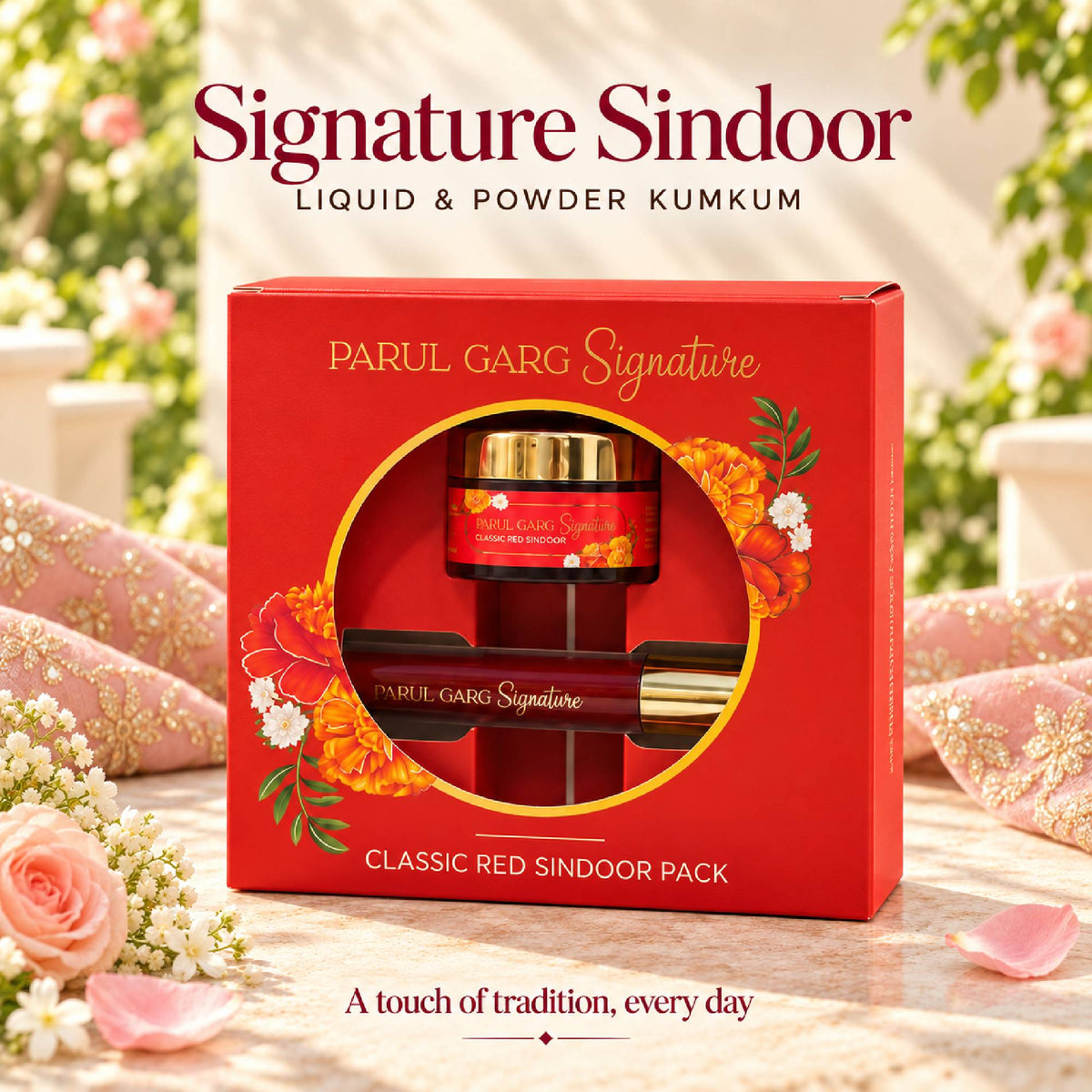 Karva Chauth Shringar Gift Pack – Nude & Classic | 4-in-1 Lip Stack, Black Kajal, Sindoor, Nose Bindi & Makeup Wipes with Soft Pink Potli | Special Price