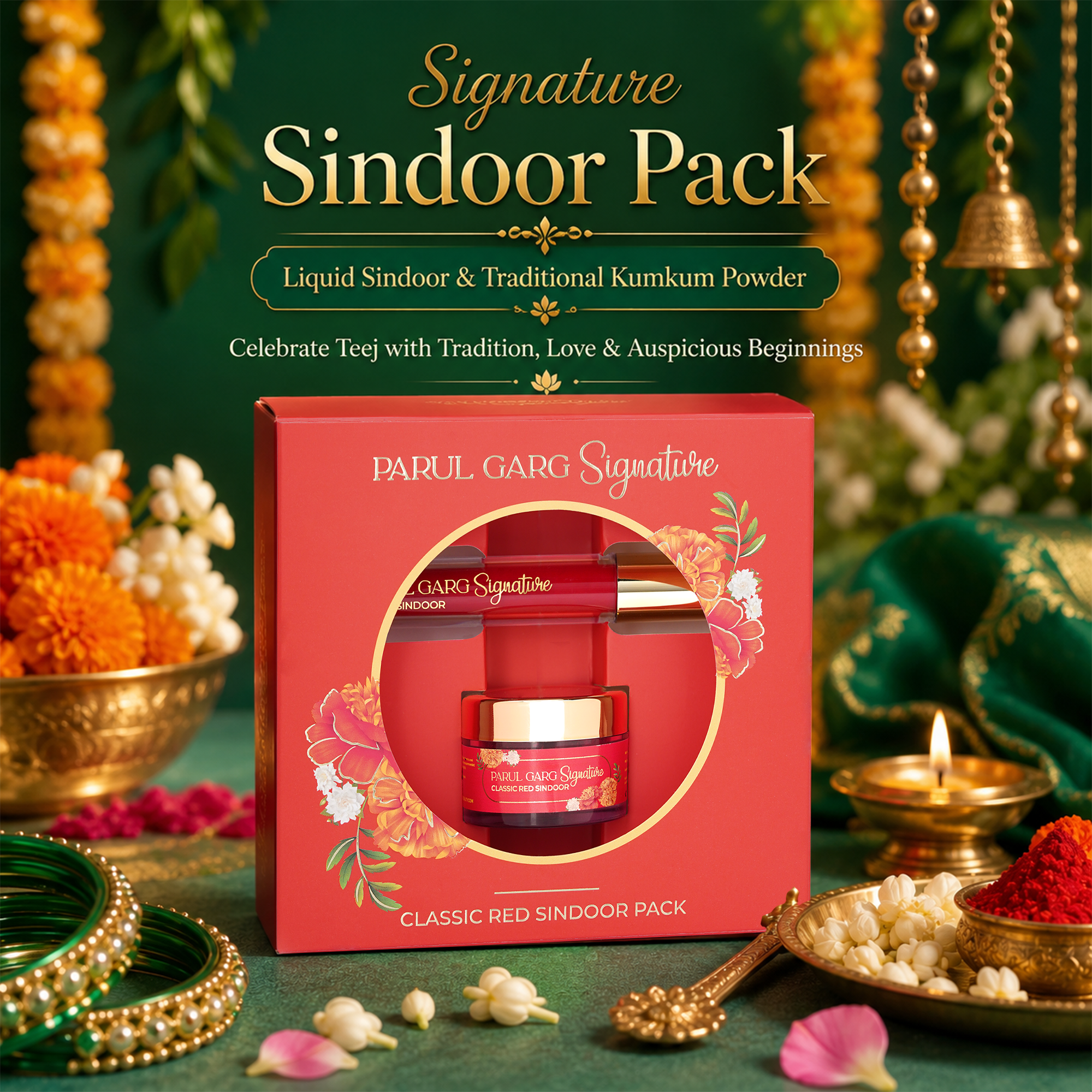 Teej Celebration Pack | 10-in-1 Bestselling Lip Collection, Kajal, Sindoor, Utsav Bindi Card & Traditional Green Potli