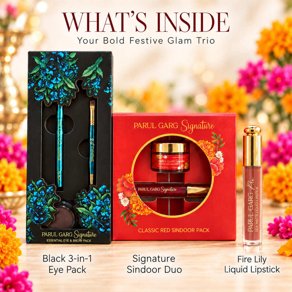 Soft Festive Glam Trio | Brown 3-in-1 Eye Pack, Sindoor & Fire Lily Matte Liquid Lipstick | Special Price