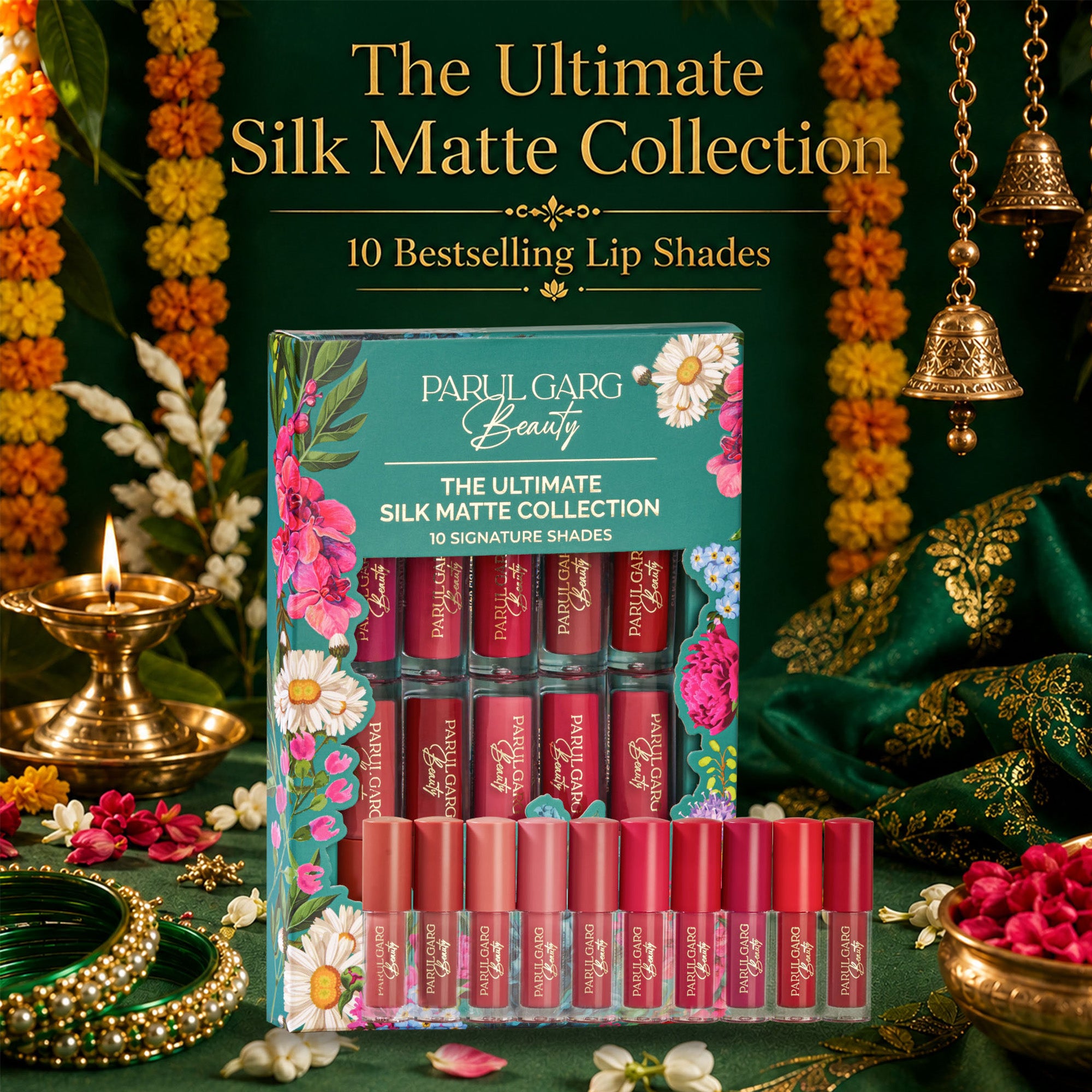 The Shringaar Celebration Pack | 10-in-1 Bestselling Lip Collection, Kajal, Sindoor, Utsav Bindi Card & Traditional Green Potli