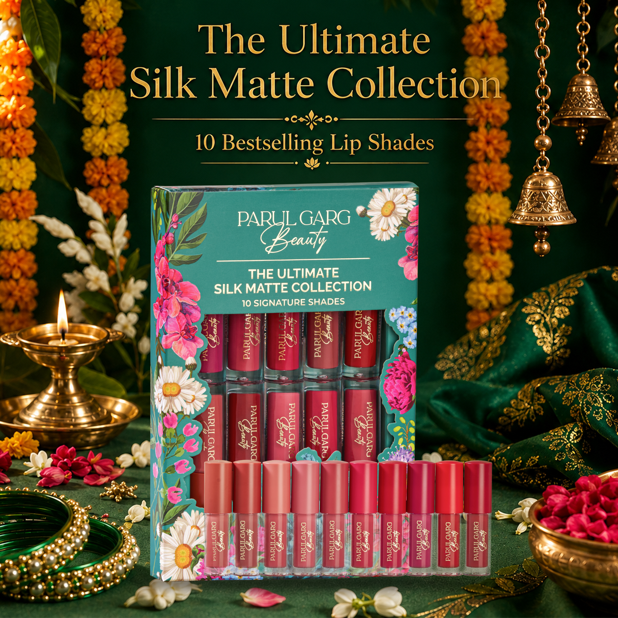 Teej Celebration Pack | 10-in-1 Bestselling Lip Collection, Kajal, Sindoor, Utsav Bindi Card & Traditional Green Potli