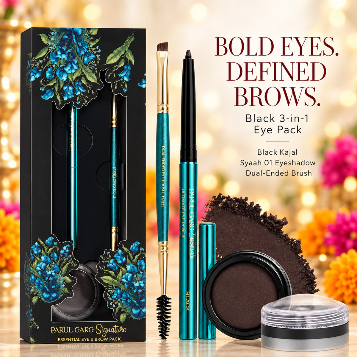 Bold Festive Glam Trio | Black 3-in-1 Eye Pack, Sindoor & Primrose Matte Liquid Lipstick | Special Price