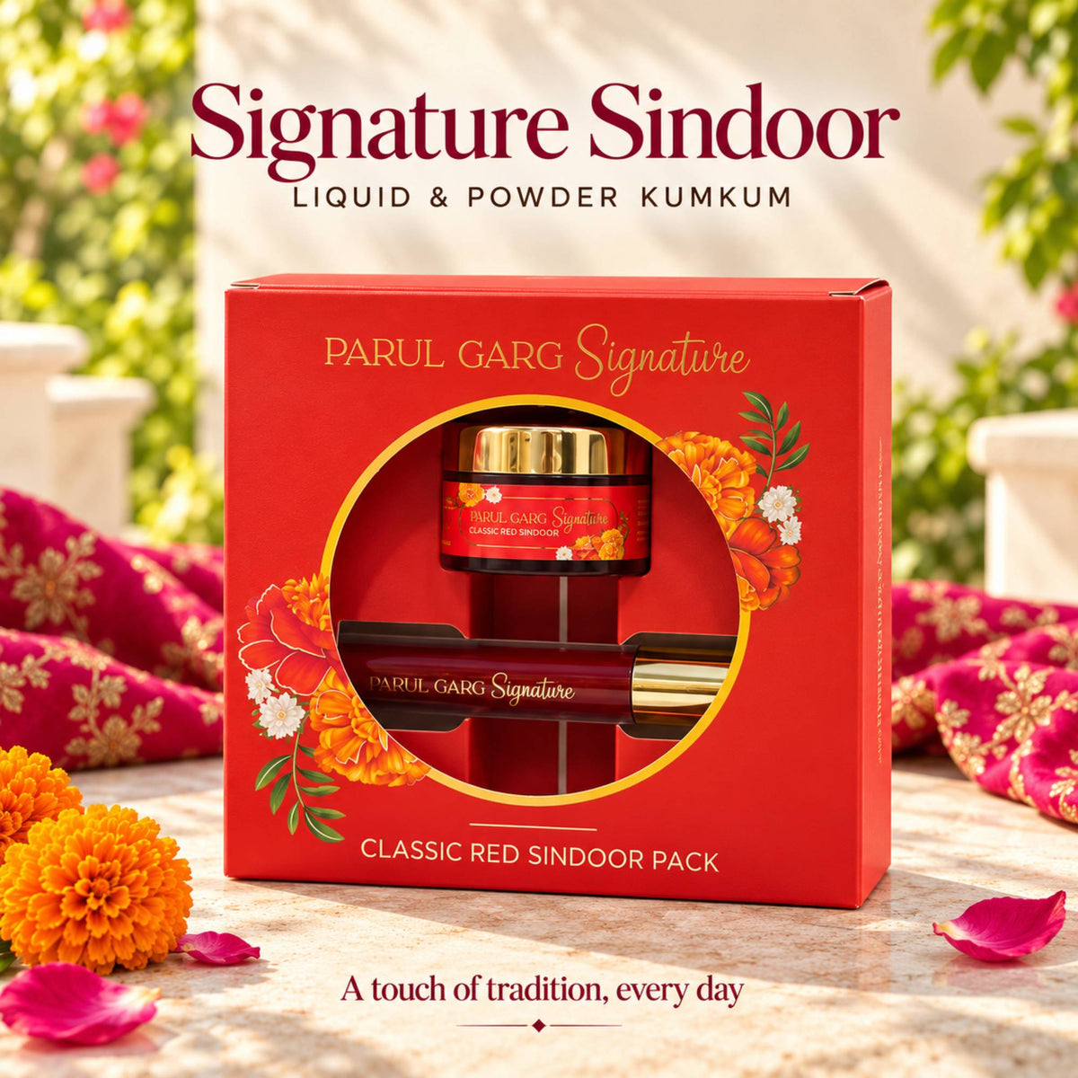 Karva Chauth Shringar Gift Pack – Deep & Bold | 4-in-1 Lip Stack, Black Kajal, Sindoor, Nose Bindi & Makeup Wipes with Hot Pink Potli | Special Price