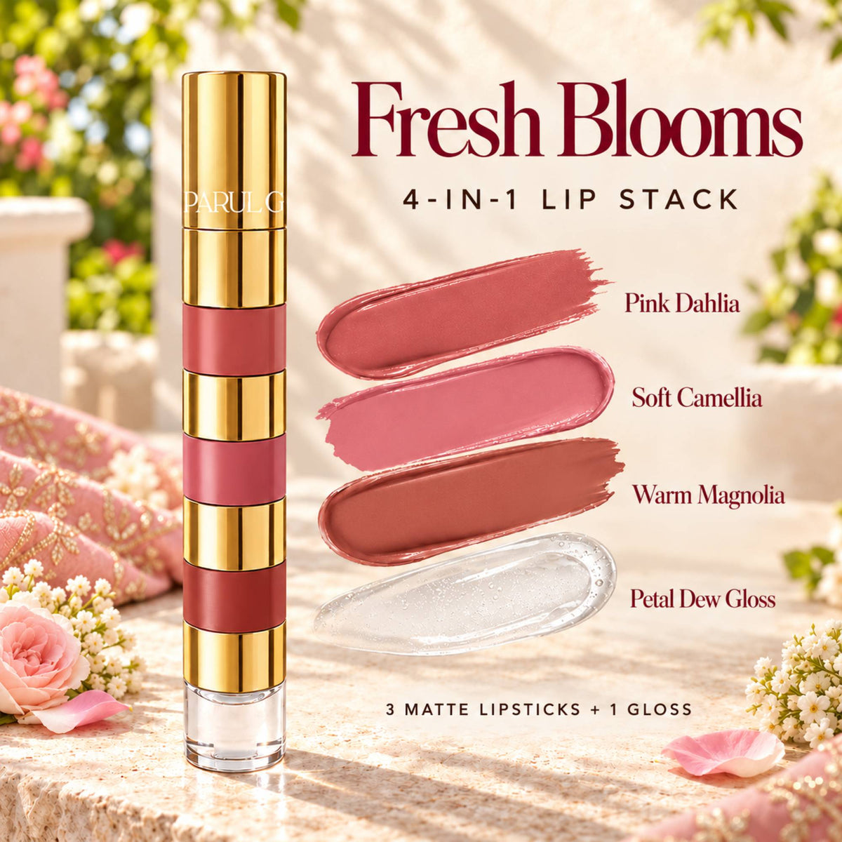 Karva Chauth Shringar Gift Pack – Nude & Classic | 4-in-1 Lip Stack, Black Kajal, Sindoor, Nose Bindi & Makeup Wipes with Soft Pink Potli | Special Price