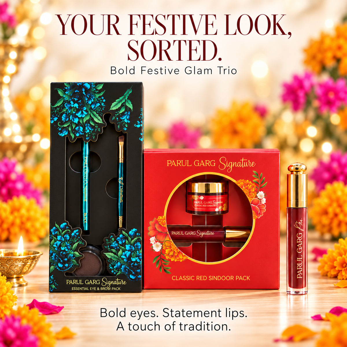 Bold Festive Glam Trio | Black 3-in-1 Eye Pack, Sindoor & Primrose Matte Liquid Lipstick | Special Price