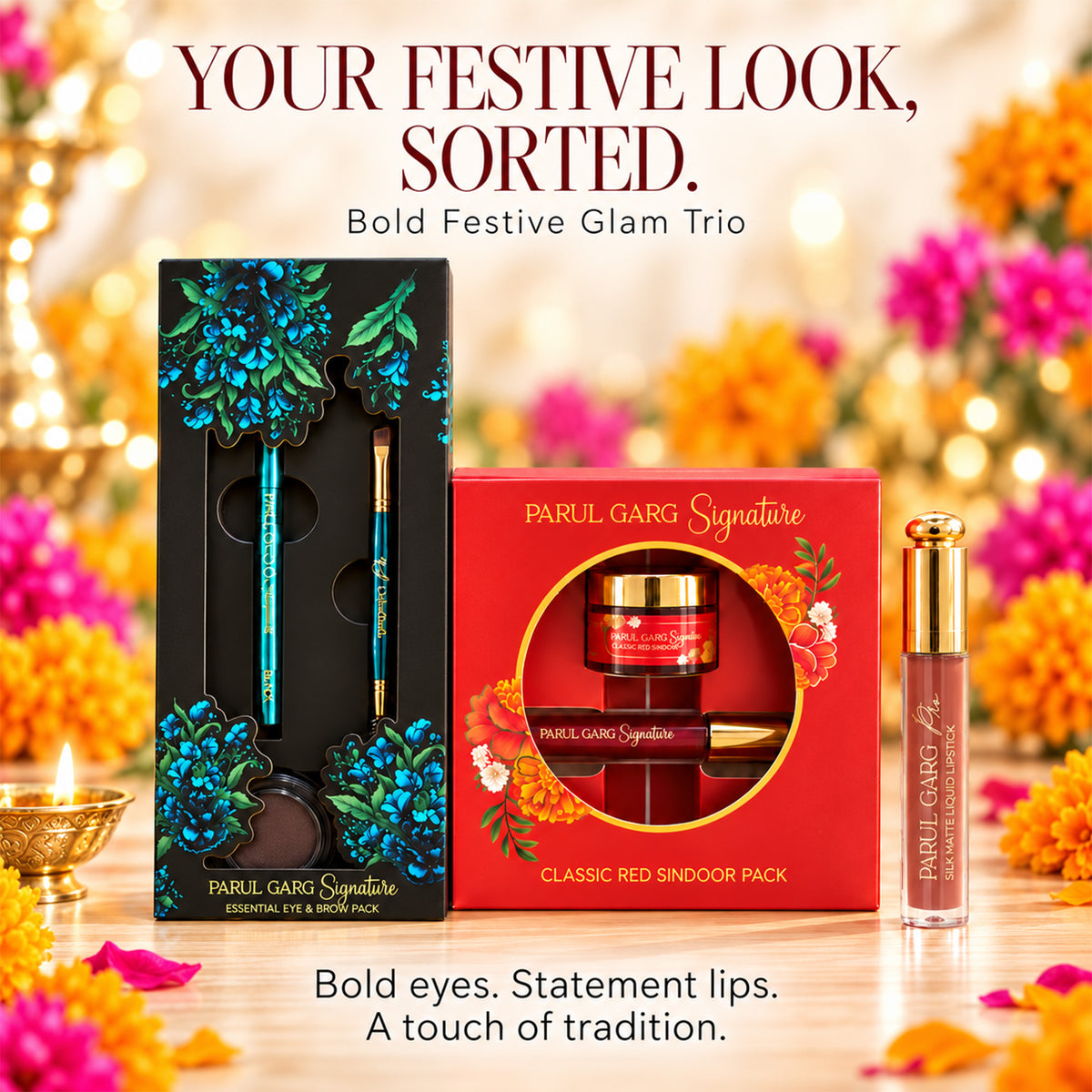 Soft Festive Glam Trio | Brown 3-in-1 Eye Pack, Sindoor & Fire Lily Matte Liquid Lipstick | Special Price