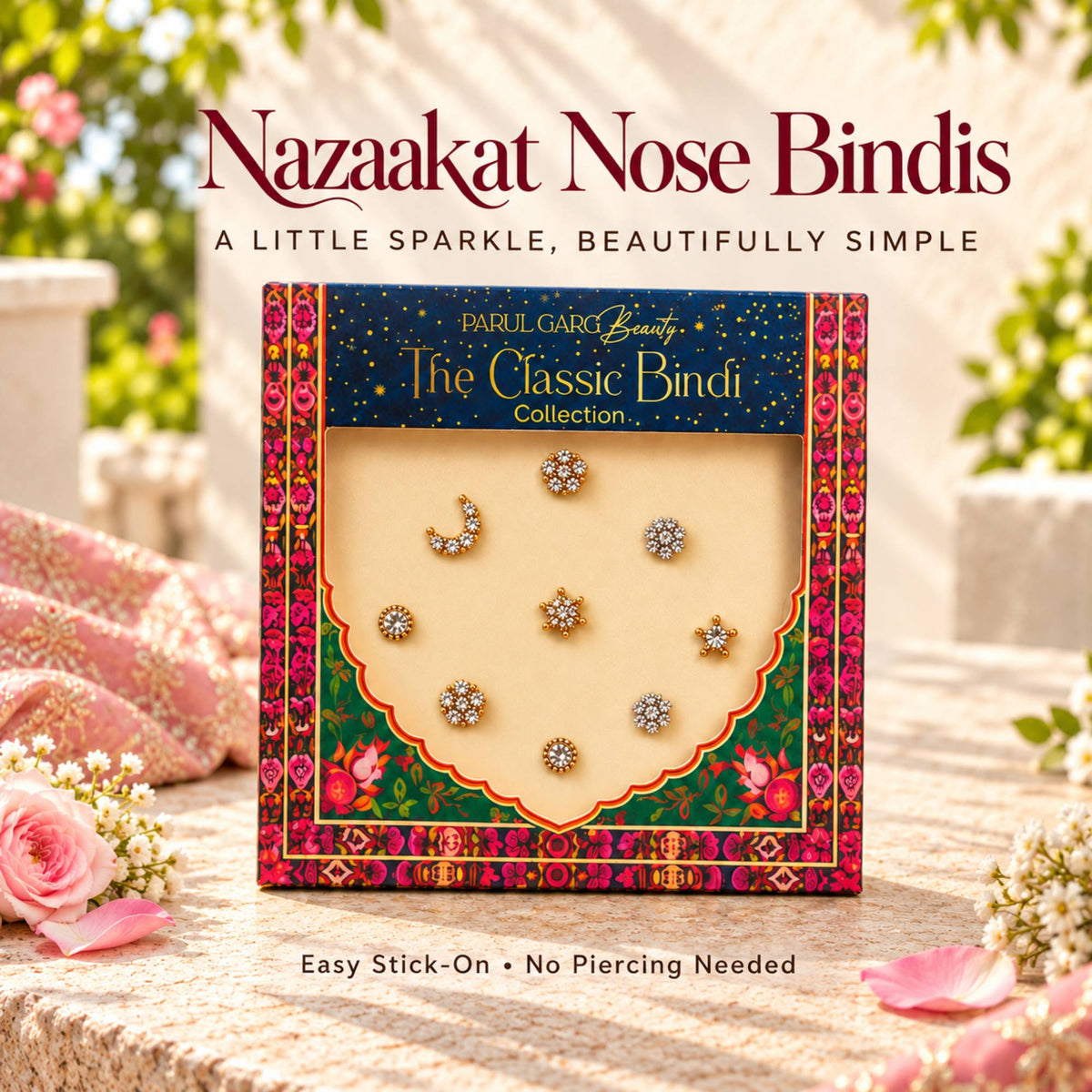 Karva Chauth Shringar Gift Pack – Nude & Classic | 4-in-1 Lip Stack, Black Kajal, Sindoor, Nose Bindi & Makeup Wipes with Soft Pink Potli | Special Price