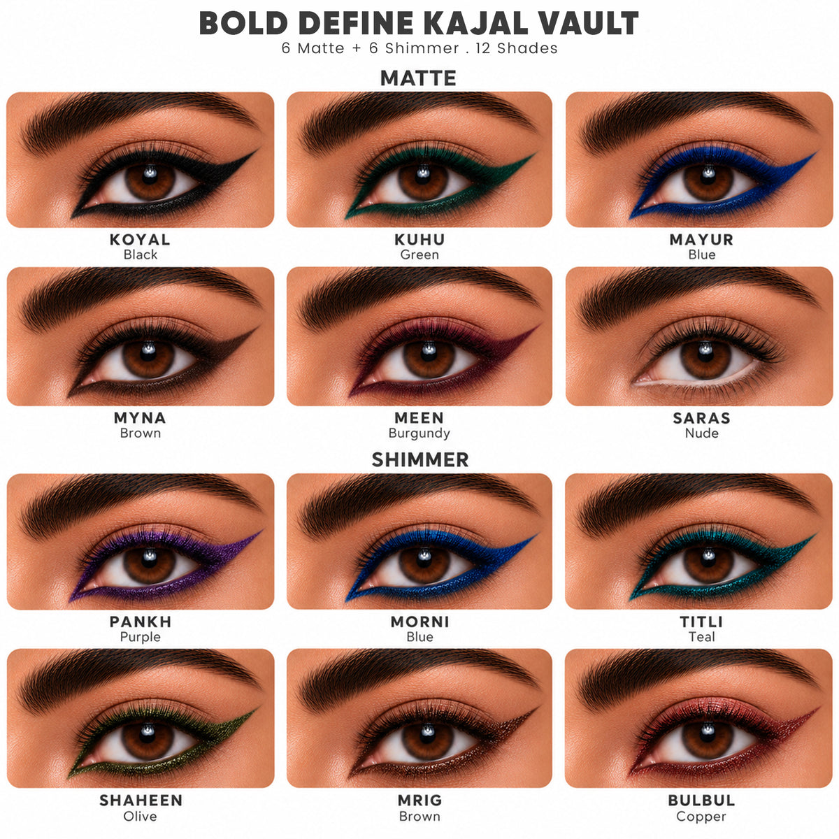 Bold Define Kajal Vault | 12 Shades: 6 Matte + 6 Shimmer | Pack of 12