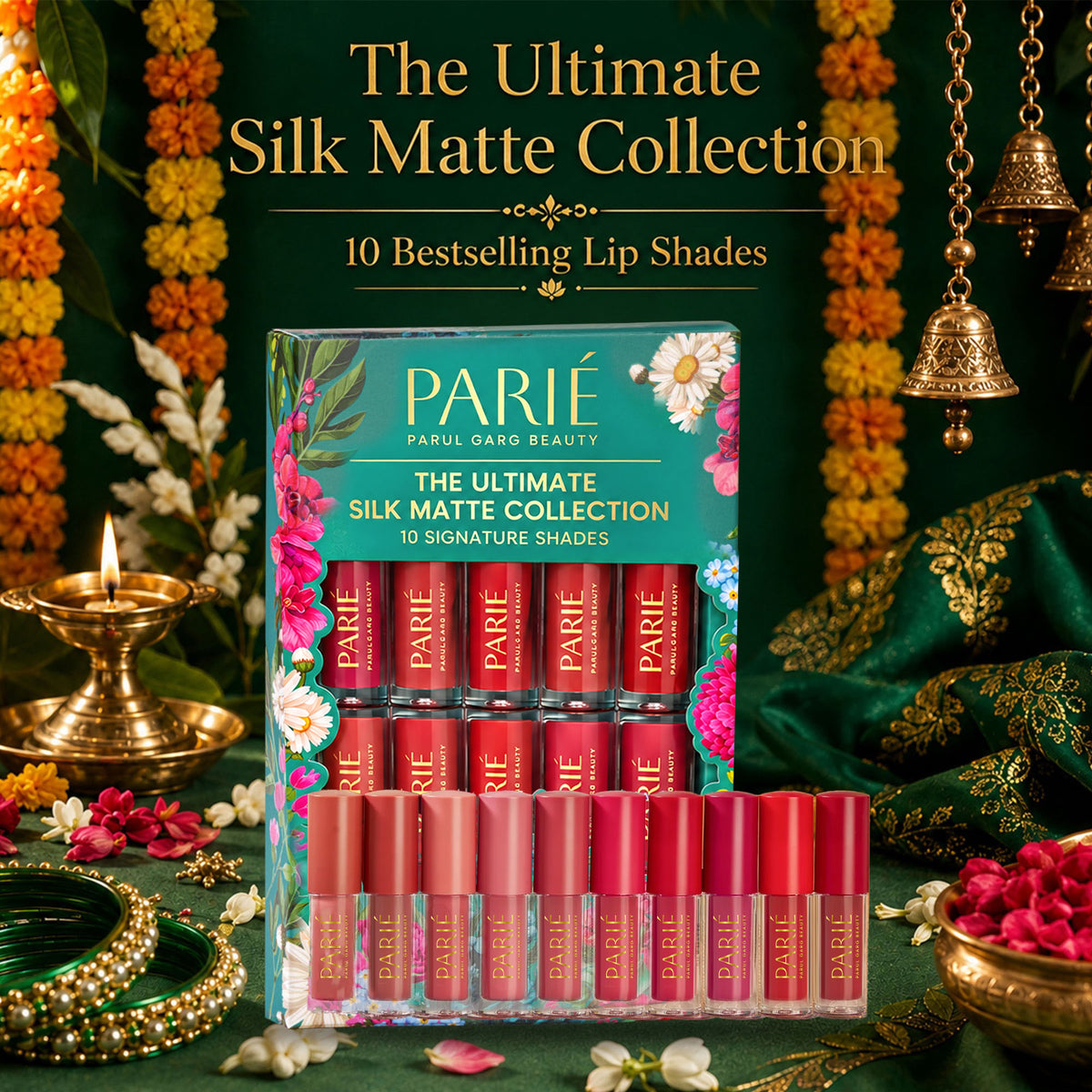 The Shringaar Celebration Pack | 10-in-1 Bestselling Lip Collection, Kajal, Sindoor, Utsav Bindi Card & Traditional Green Potli
