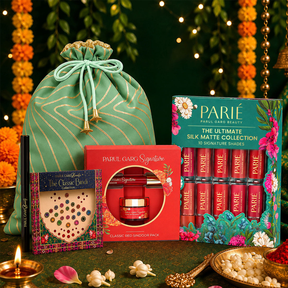 The Shringaar Celebration Pack | 10-in-1 Bestselling Lip Collection, Kajal, Sindoor, Utsav Bindi Card & Traditional Green Potli