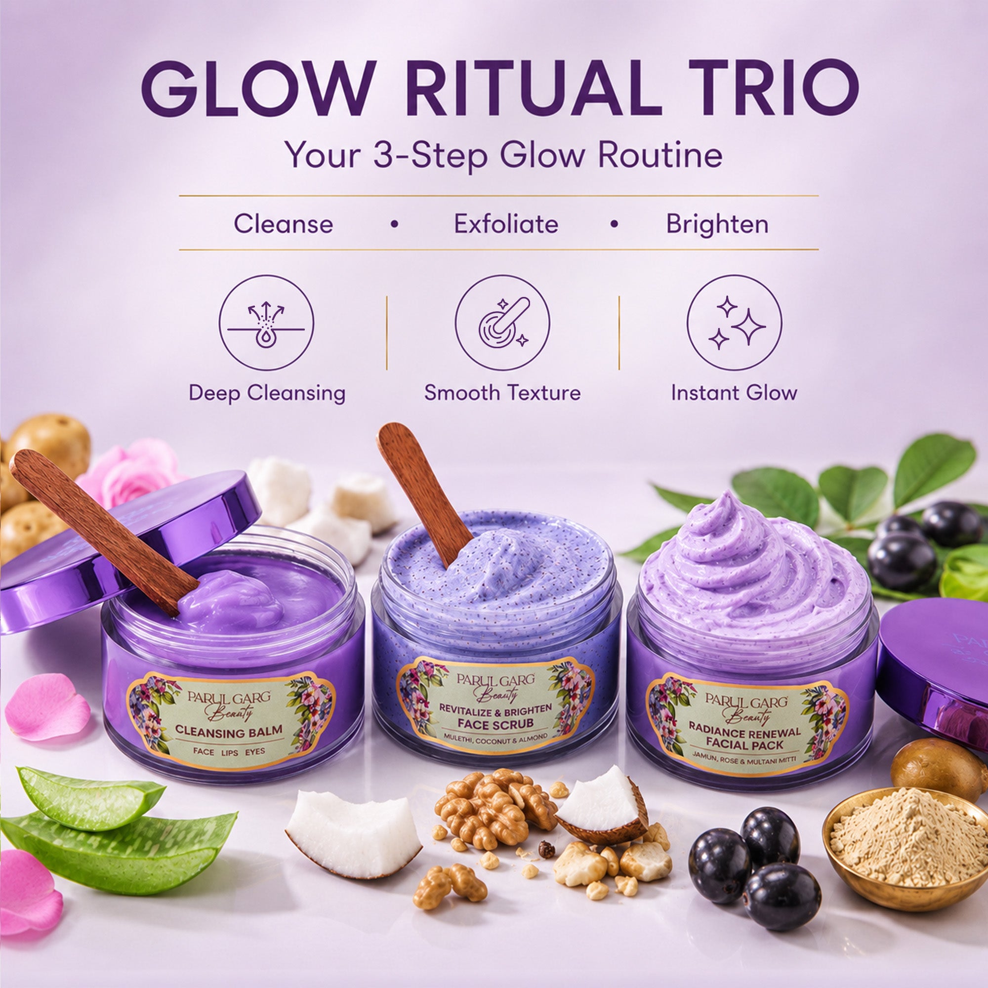 Glow Ritual Trio - All Three Products Displayed | Parul Garg Beauty
