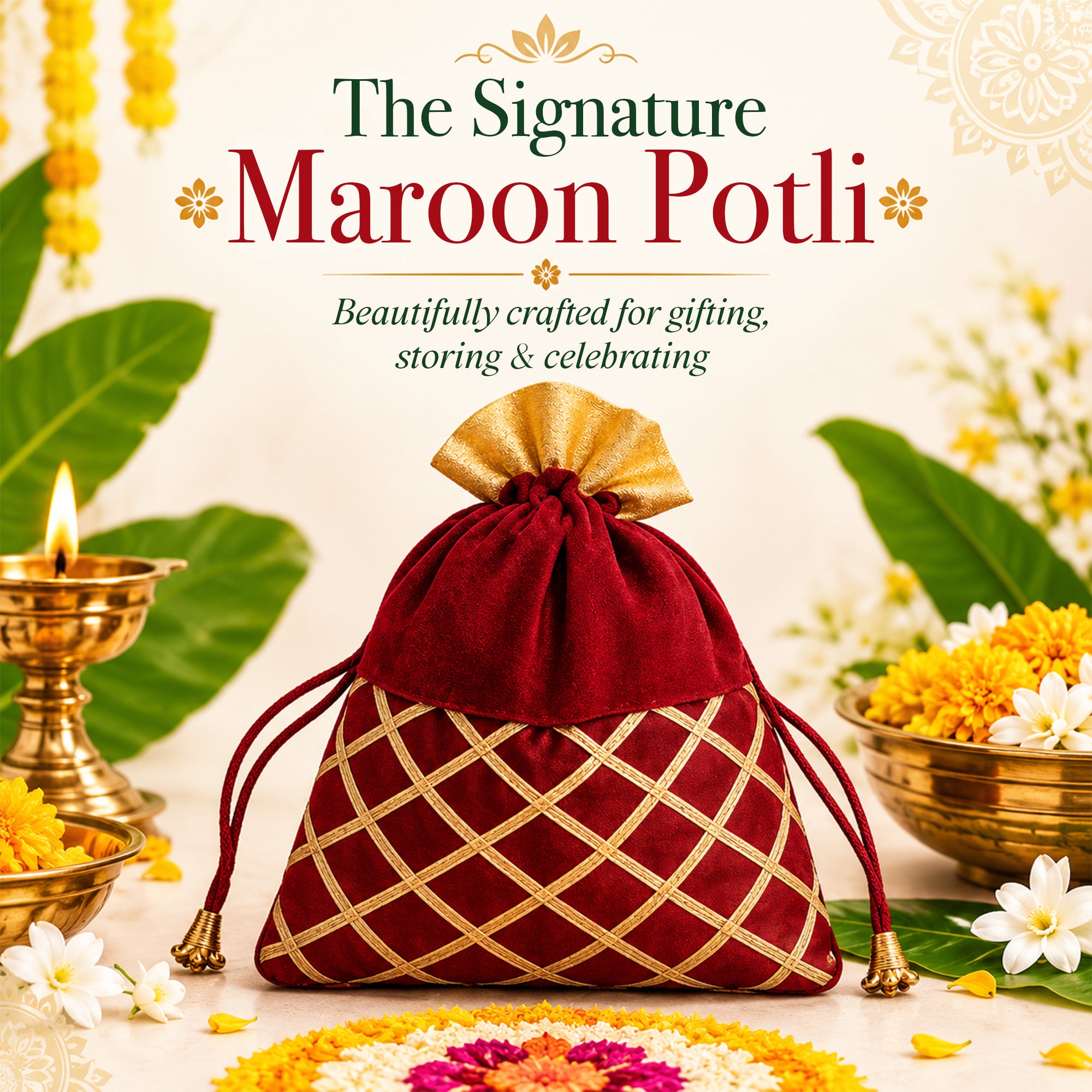 Onam Festive Beauty Gift Pack | 4 Bestselling Silk Matte Lip Shades – Red, Pink, Brown & Nude, Black Kajal & Eyeliner, Suhaag Bindi, Nose Bindi & Traditional Maroon Potli