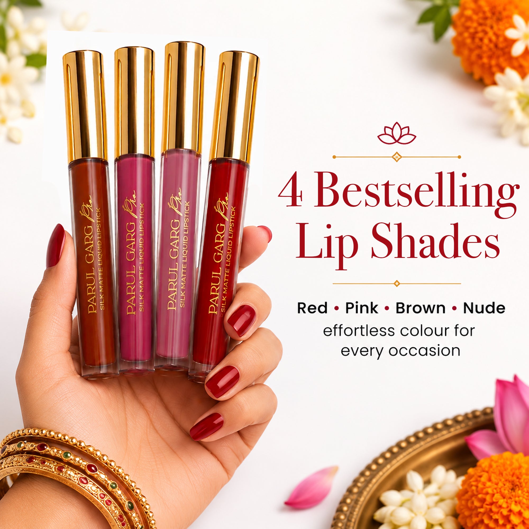 Onam Festive Beauty Gift Pack | 4 Bestselling Silk Matte Lip Shades – Red, Pink, Brown & Nude, Black Kajal & Eyeliner, Suhaag Bindi, Nose Bindi & Traditional Maroon Potli